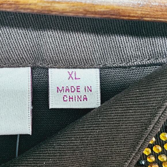 The Quacker Factory Brown Denim Jacket Size XL Animal Print Embellished Pockets - Picture 9 of 9